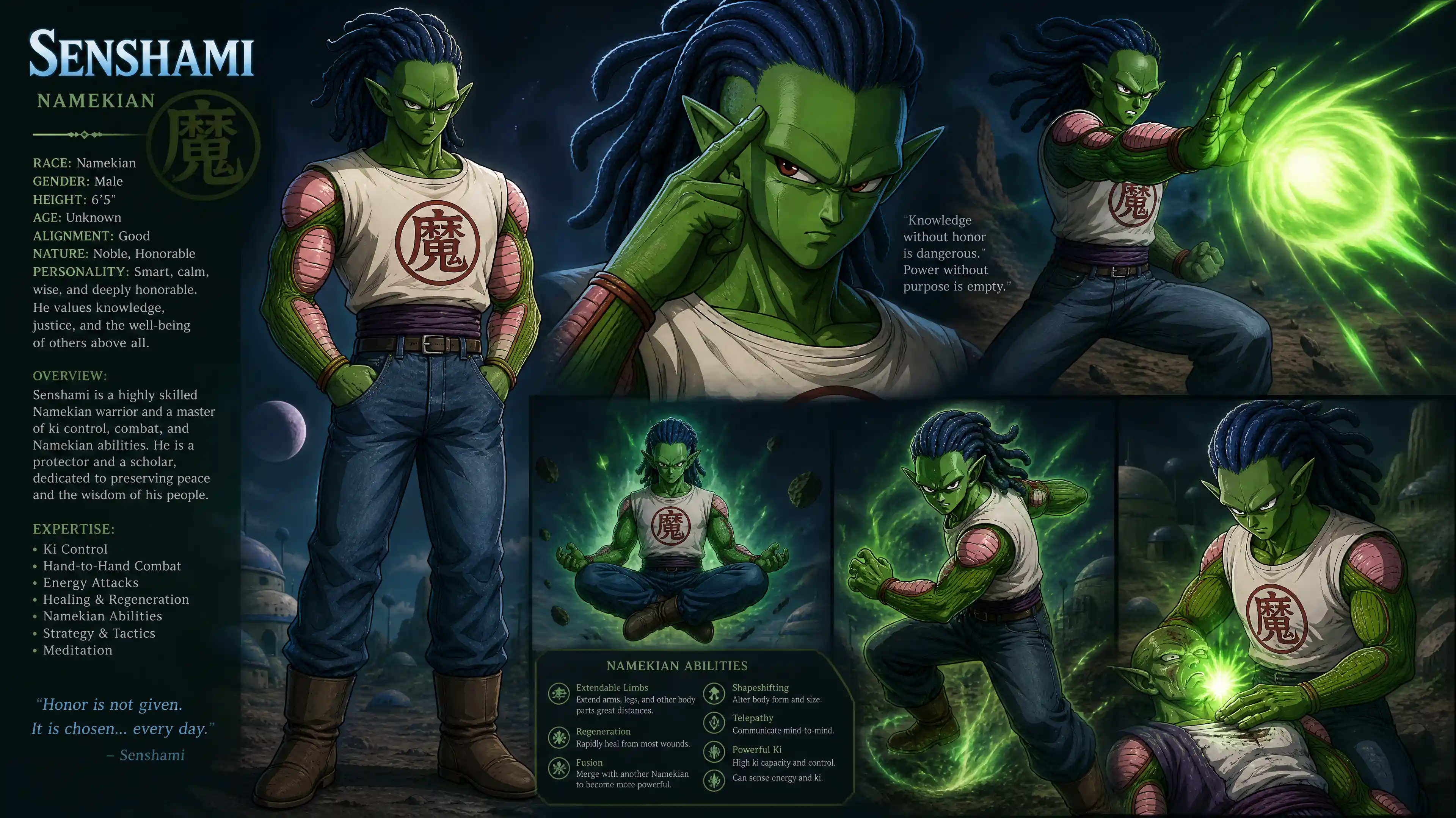 Brave Namekian warrior with blue dreadlocks and glowing ki power