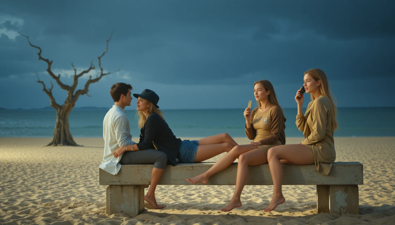 Friends relaxing on a concrete bench at the night beach