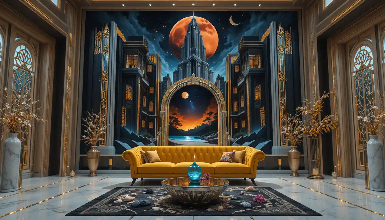 Futuristic luxury living room with baroque sofa and cosmos
