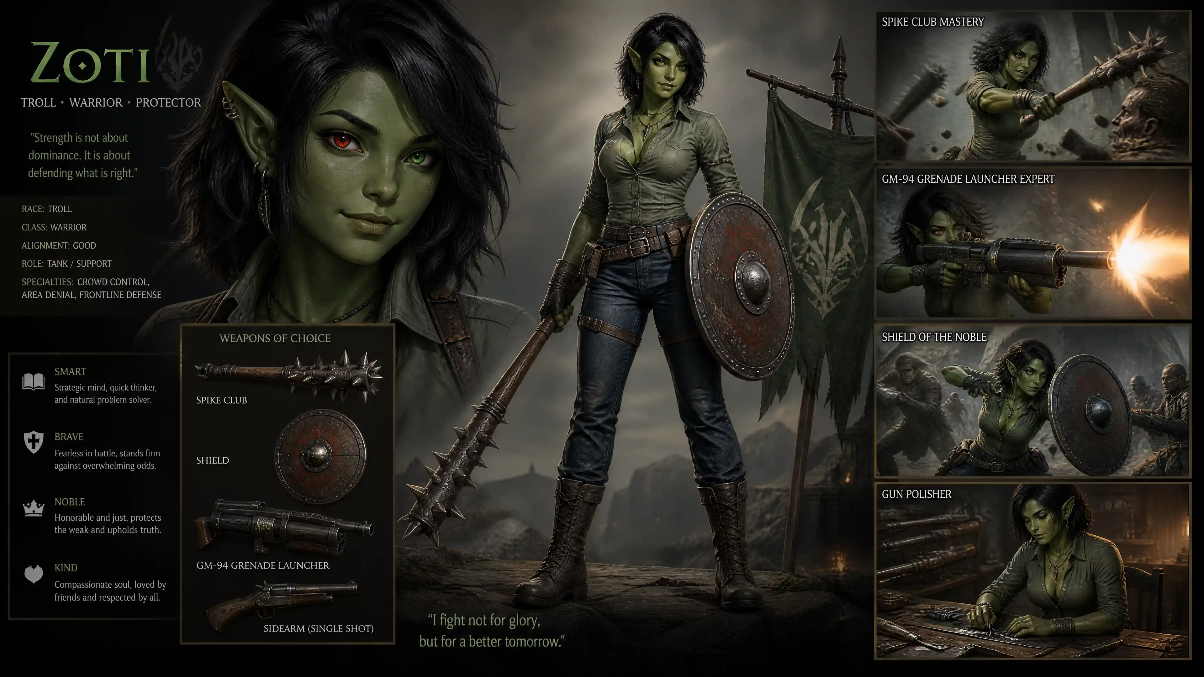 Green skinned fantasy woman warrior with club and shield