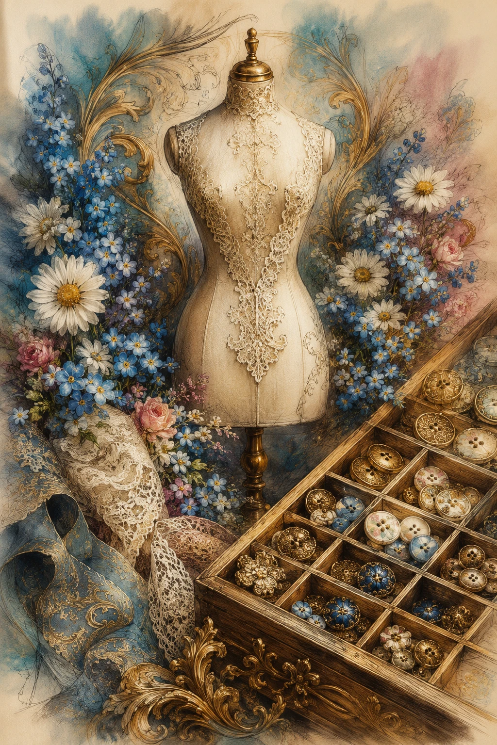 Maniquíes art nouveau con collage nostálgico de caja de costura