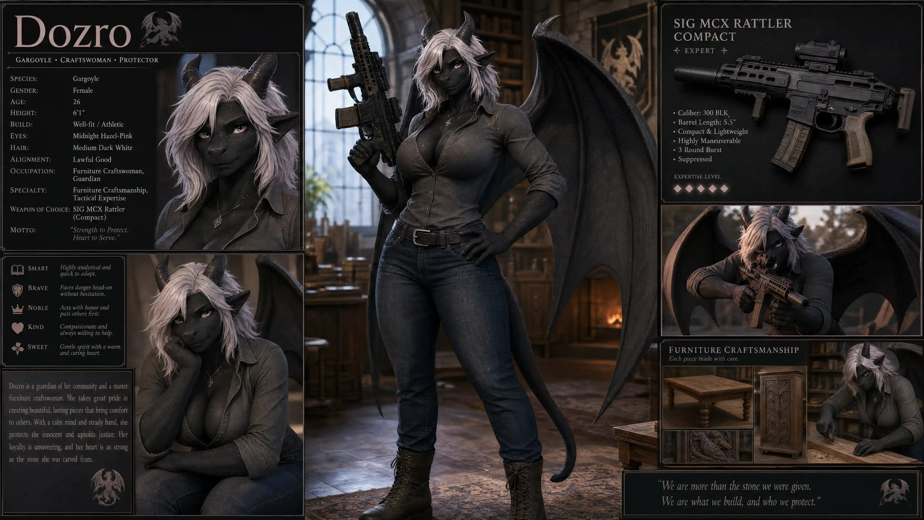 Winged fantasy woman with rifle in casual clothing