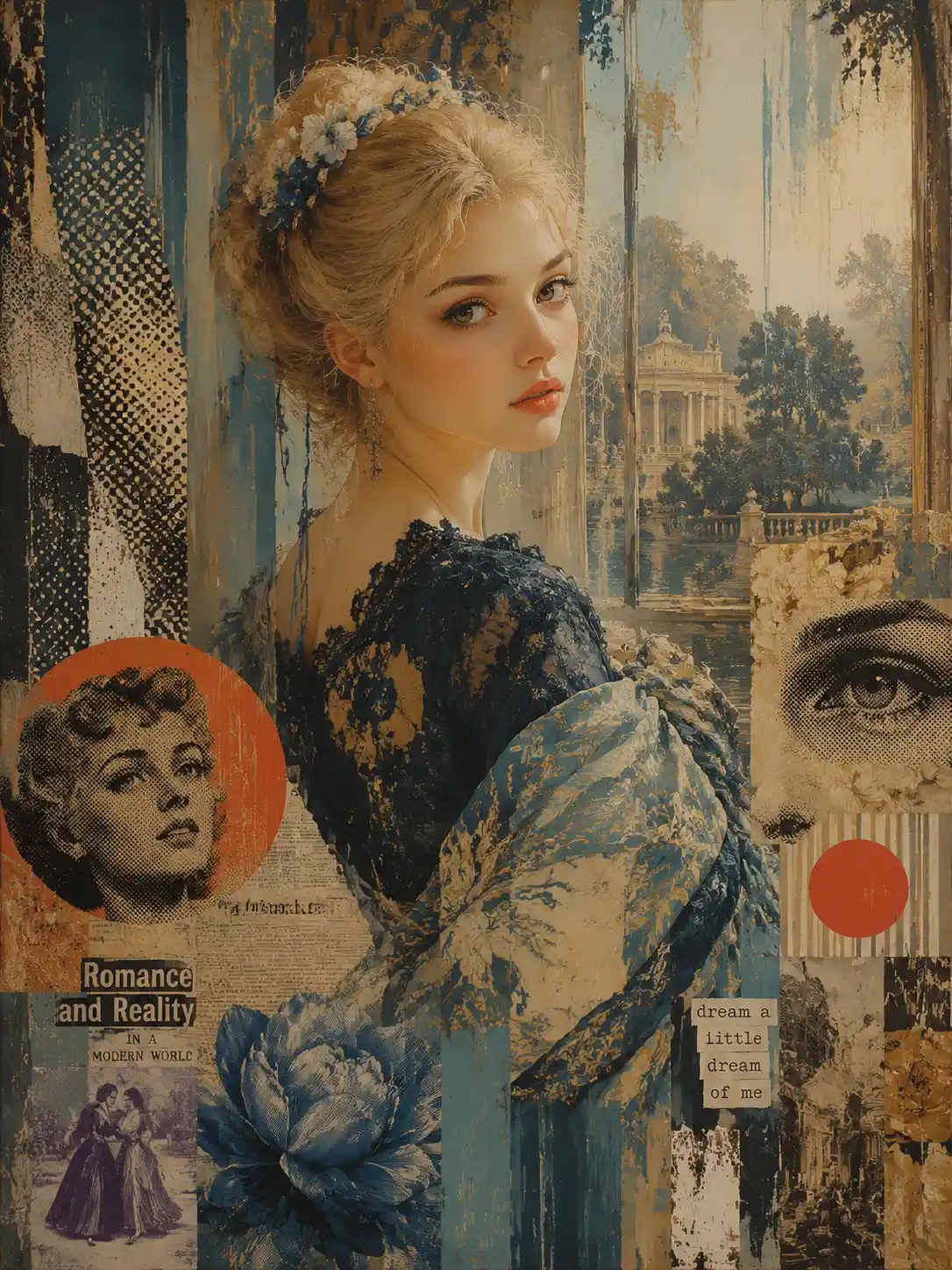 Ethereal young woman in blue dress by garden window