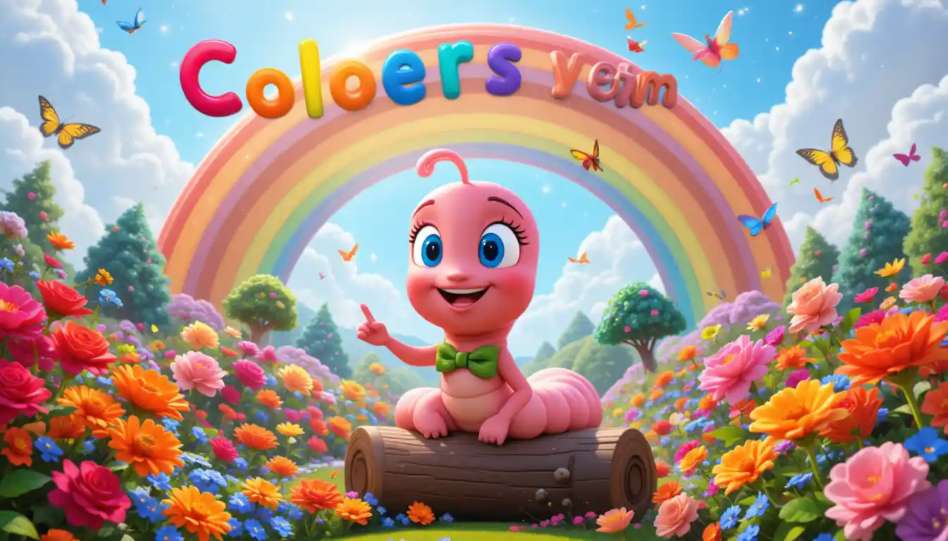 Cute pink worm with rainbow in colorful garden