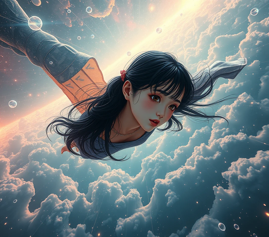 Ethereal woman floating between surreal parallel dimensions