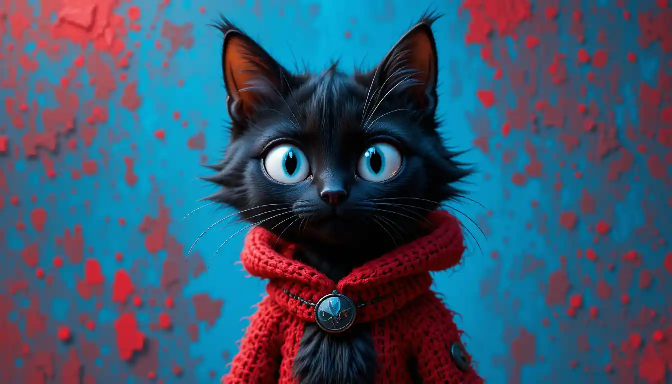 Black cat with wide white eyes on blue illustrated background