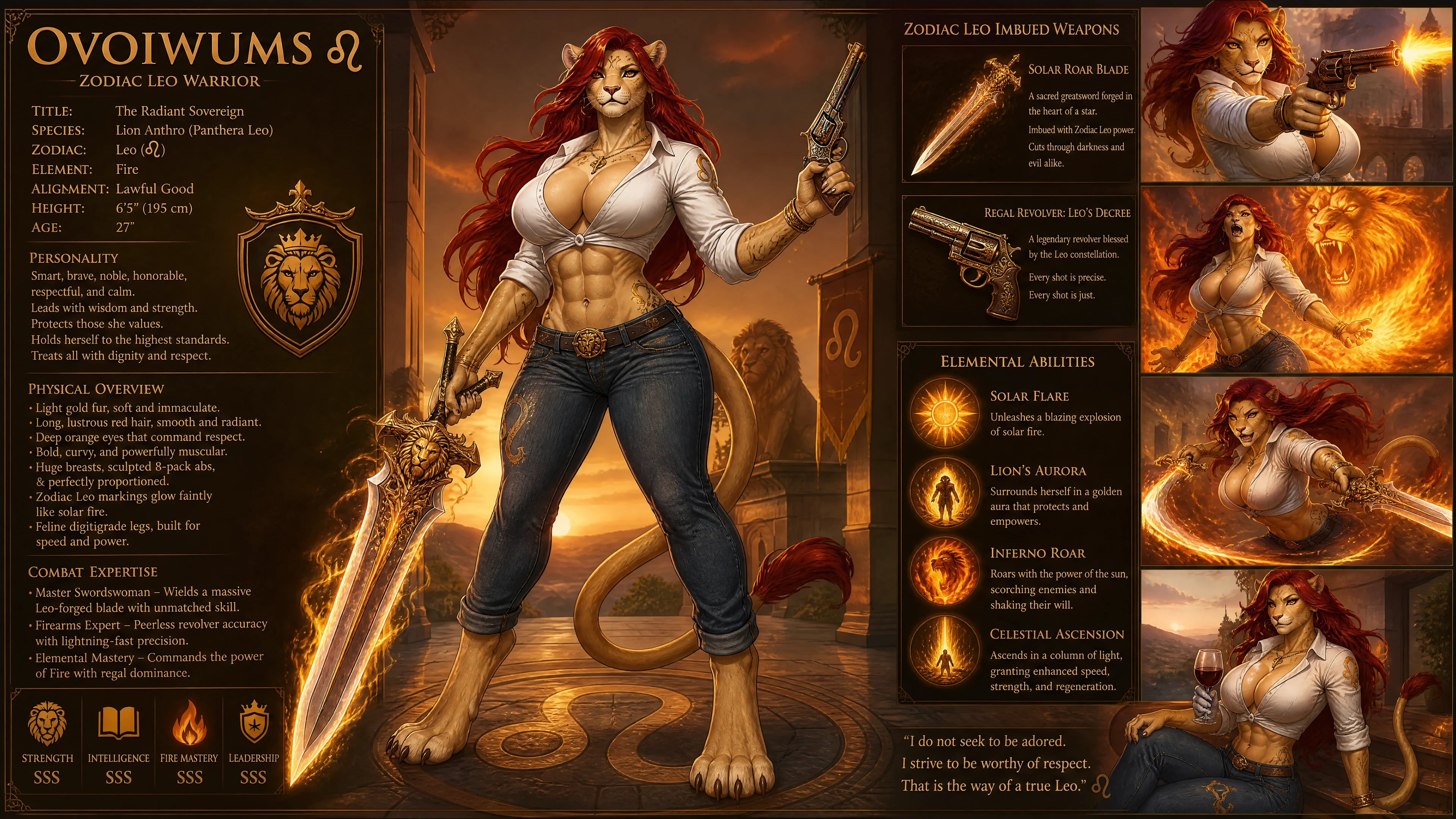 Anthro lion warrior woman with sword in casual clothes