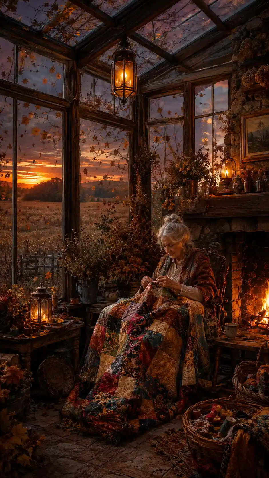 Elderly Woman Sewing By Fireplace In Rustic Conservatory