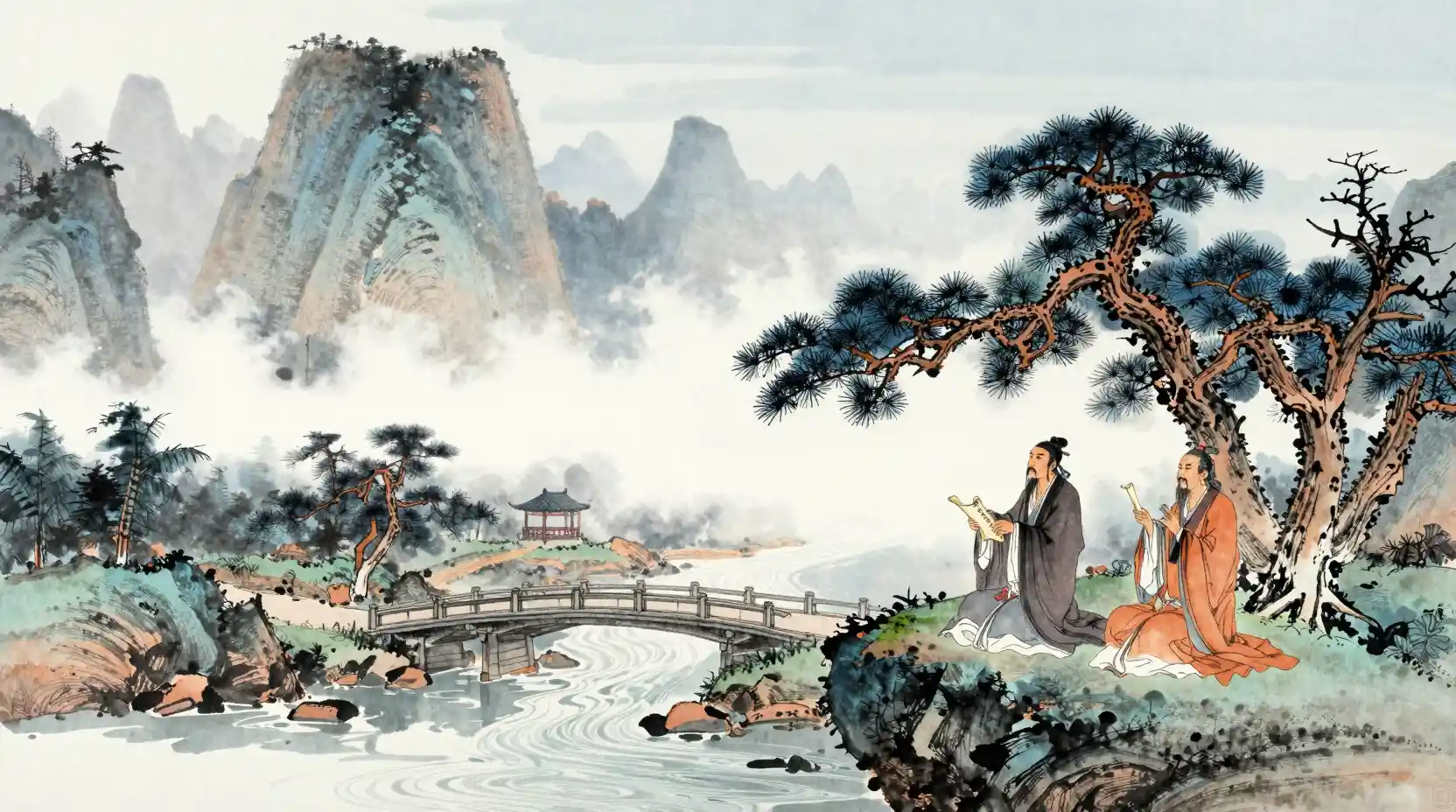 Scholars trading scrolls on a misty mountain bridge