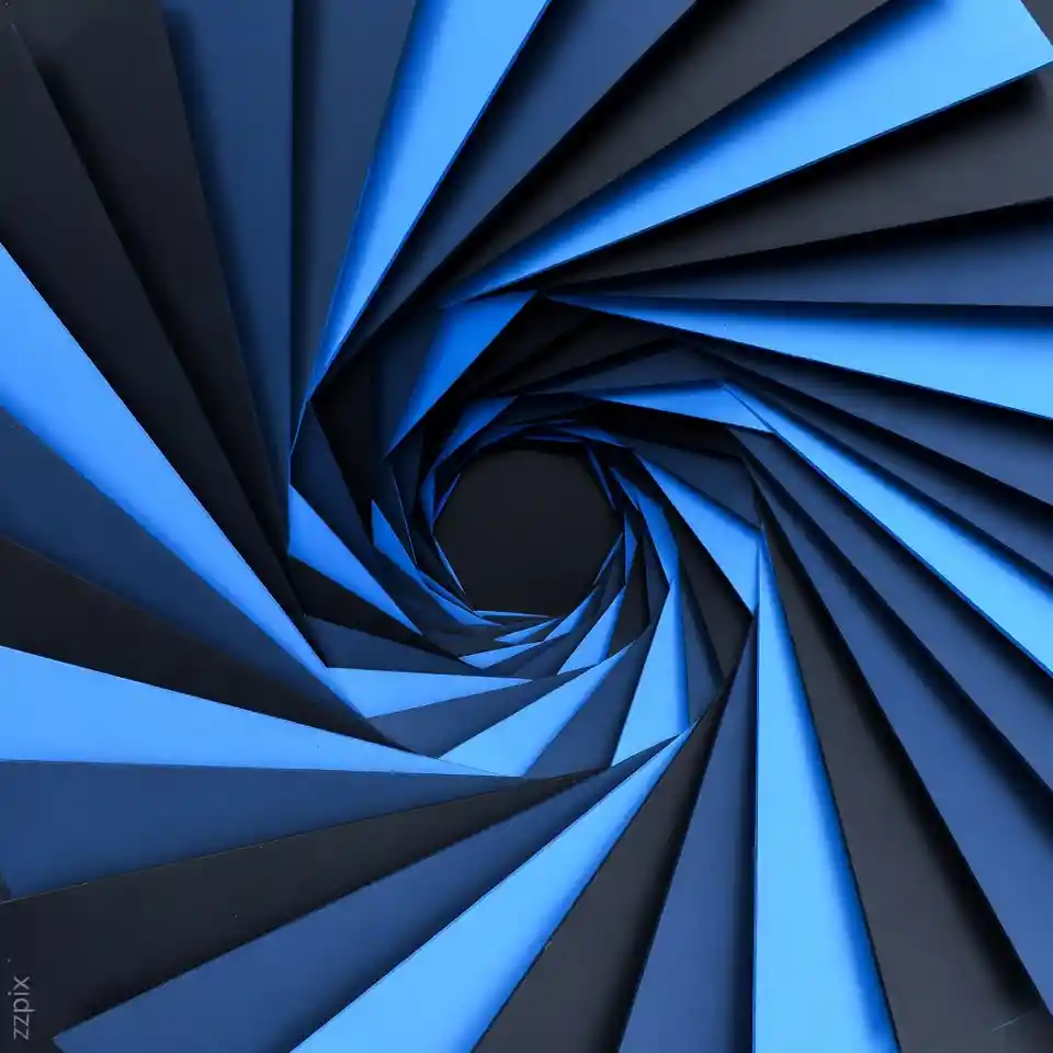 Geometric blue vortex converging into a dark central void