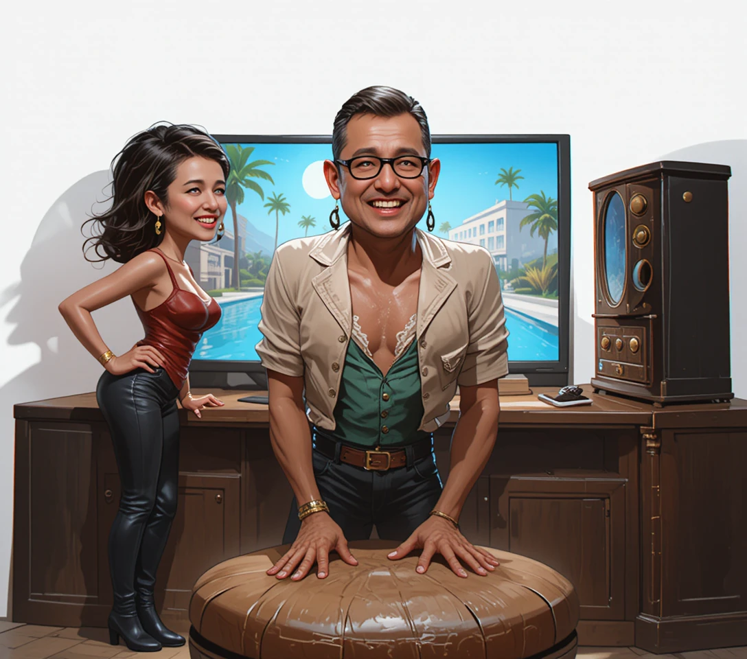 Couple examining gold bars on console in tv studio