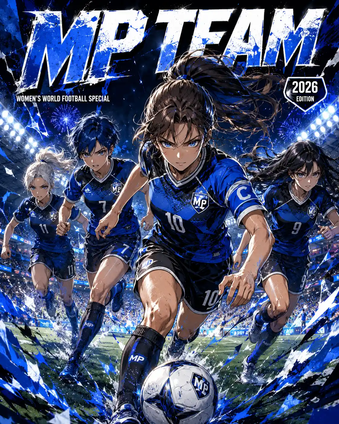 Elite anime women soccer players sprinting in stadium