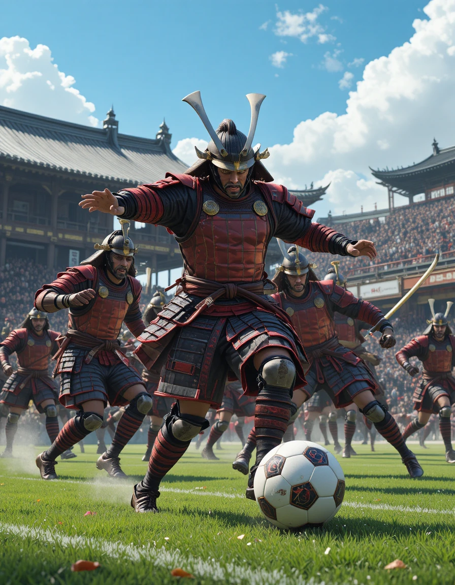 Samurai soccer team unleashing a powerful shot on goal
