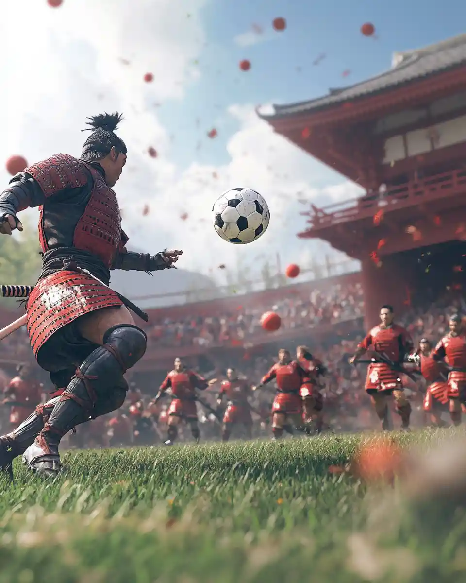 Samurai soccer team unleashing a powerful dynamic volley shot
