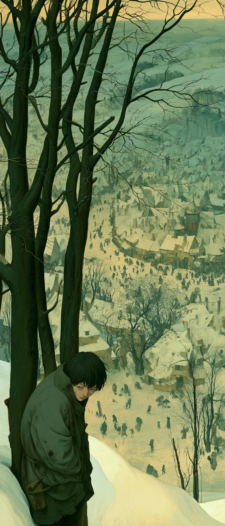 Viajero de anime contemplando un pueblo flamenco medieval nevado