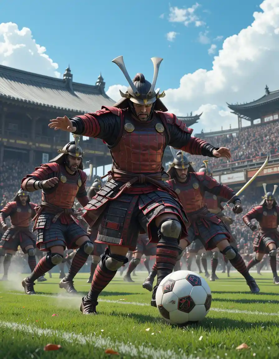 Samurai soccer team unleashing a powerful shot on goal