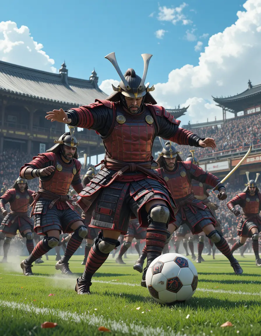 Samurai soccer team unleashing a powerful shot on goal