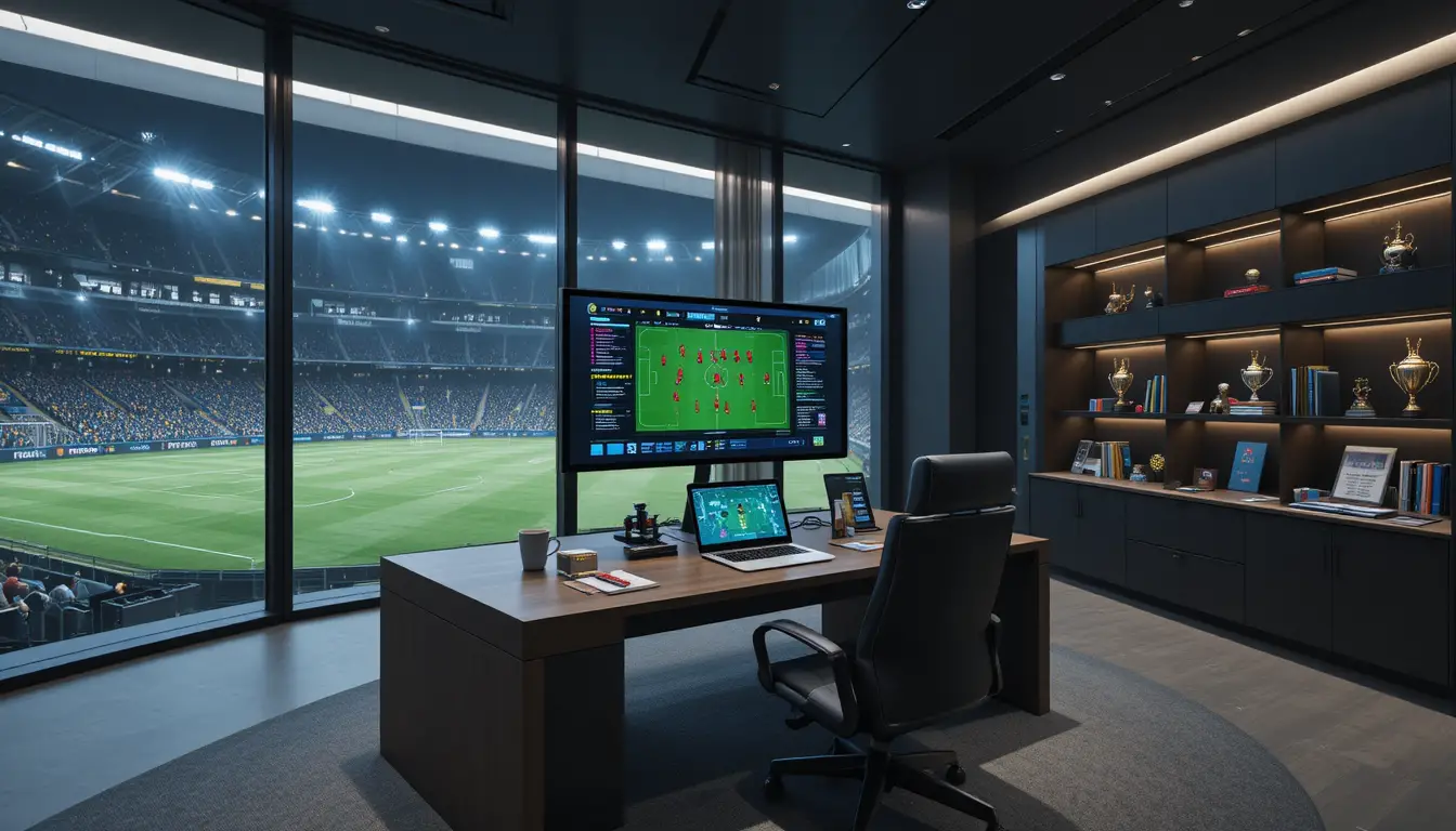 Modern football manager office overlooking stadium pitch