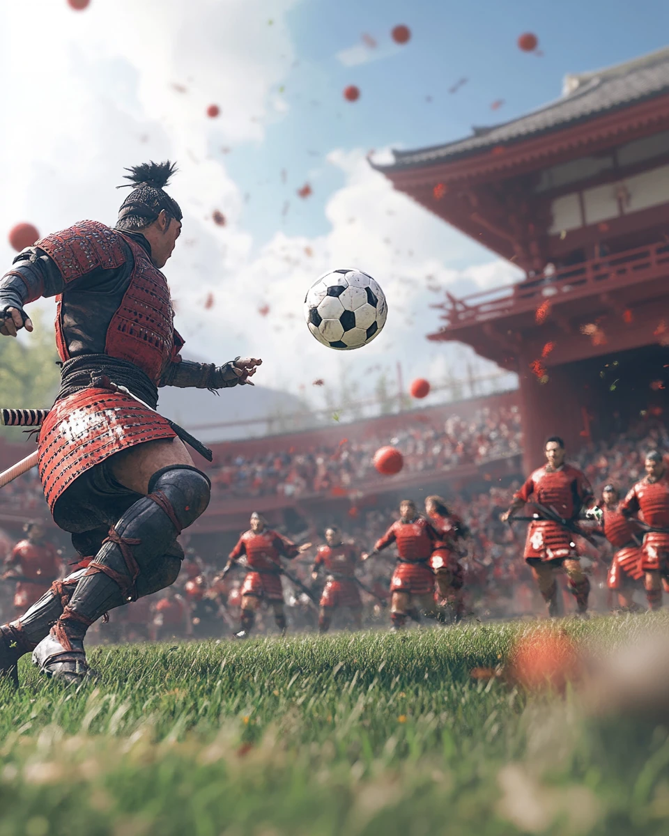 Samurai soccer team unleashing a powerful dynamic volley shot