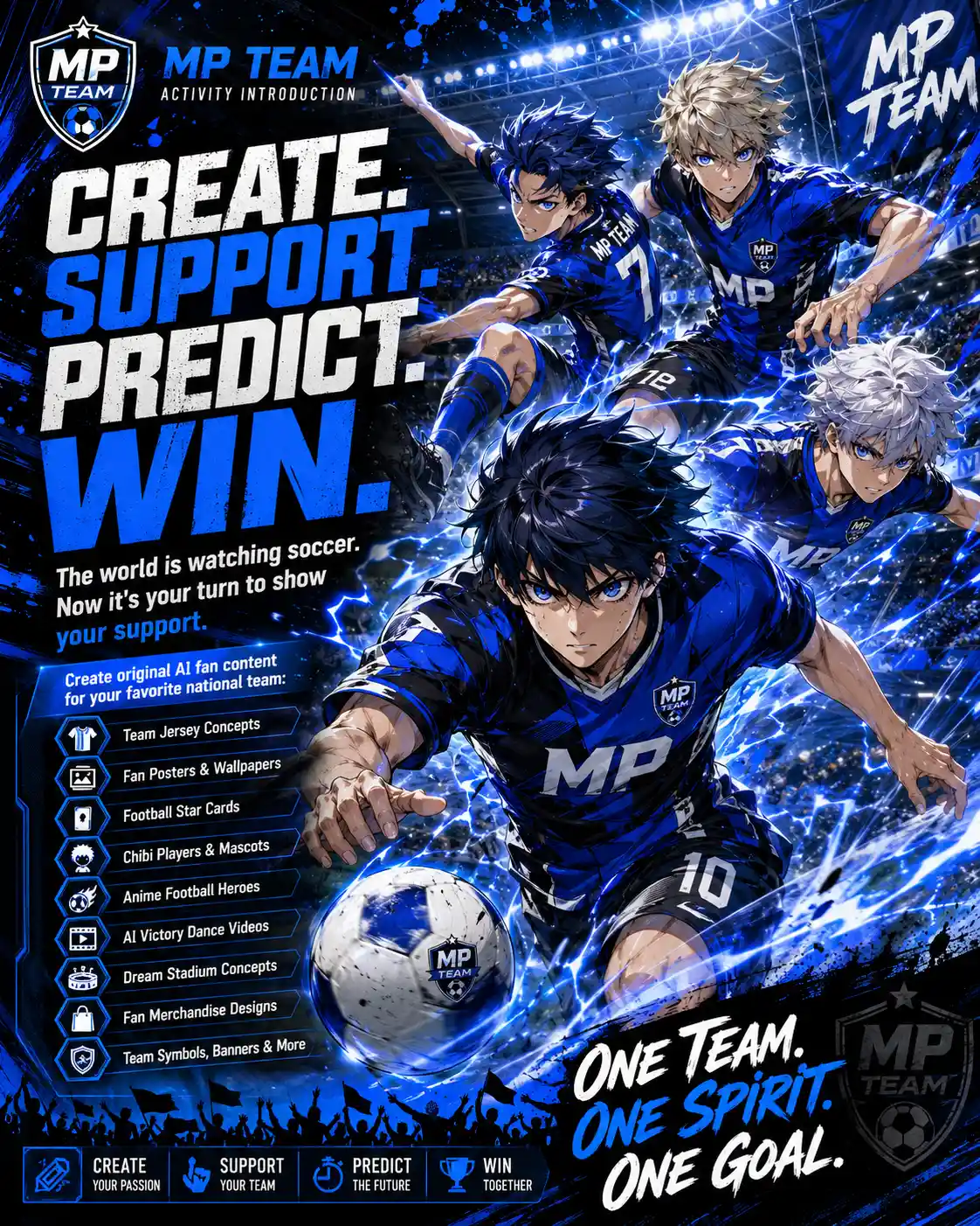 Anime soccer heroes charging across a glowing stadium