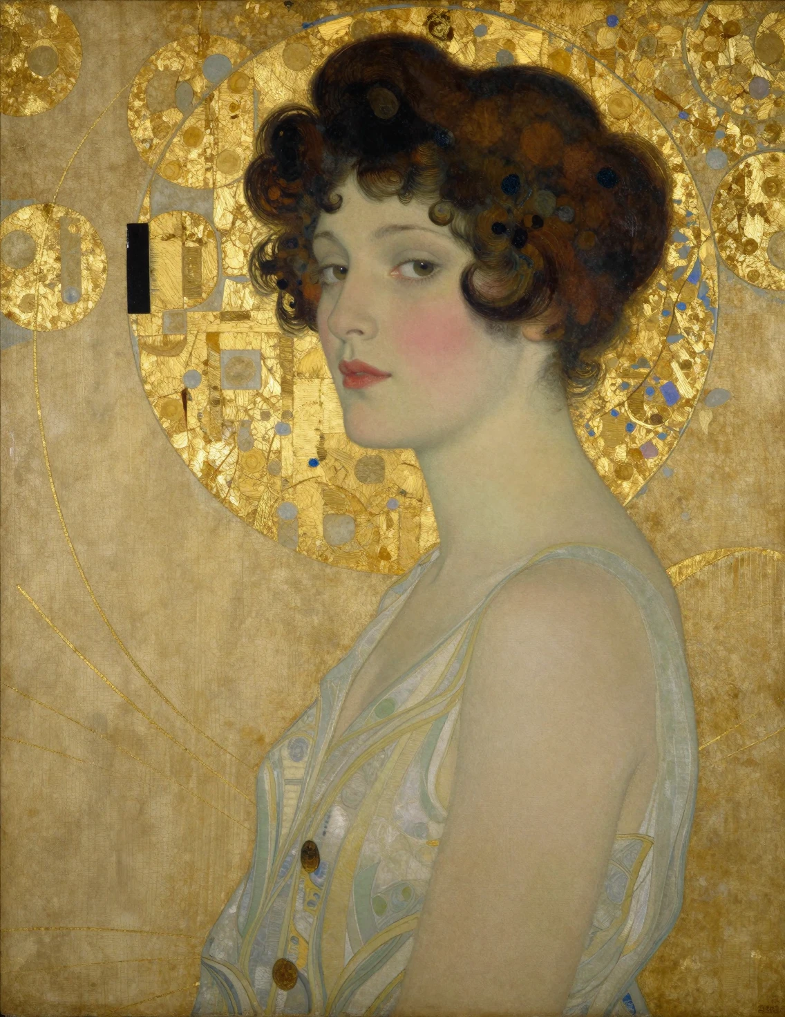 Elegant 1920s woman in profile with golden art nouveau pattern