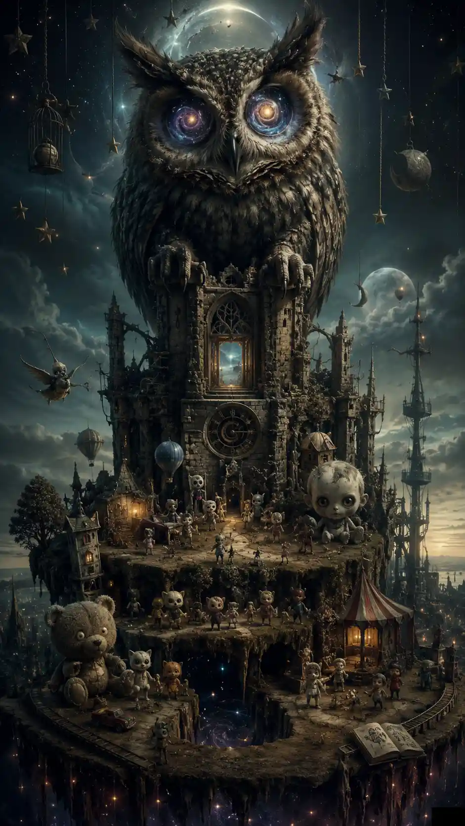 Giant wise owl on gothic tower above surreal tiny world