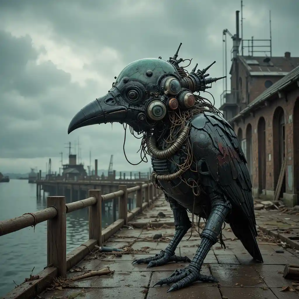 Surreales gläsernes krähengestaltiges Maschinenwesen im leeren Hafen