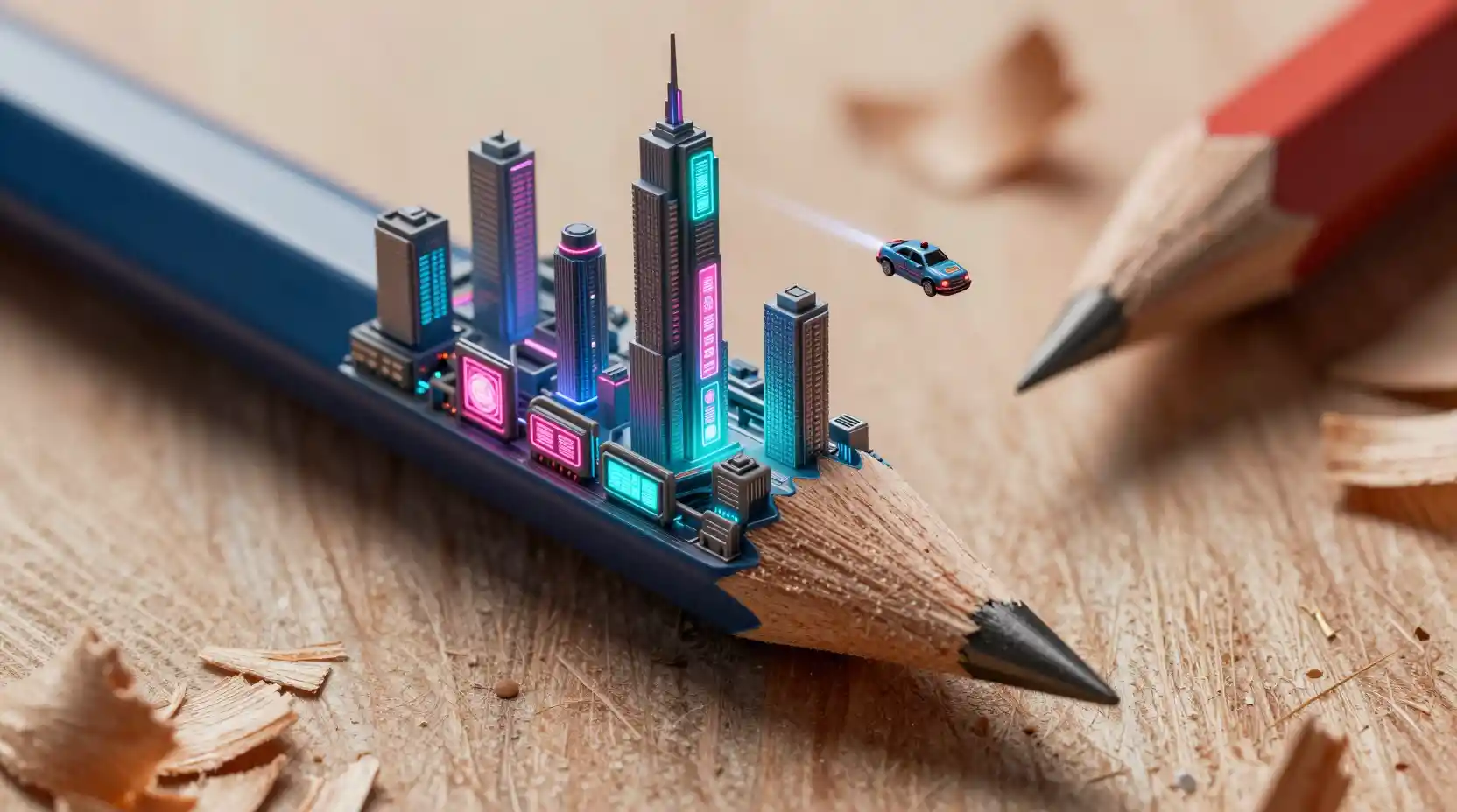 Macro cyberpunk city carved on a graphite pencil tip