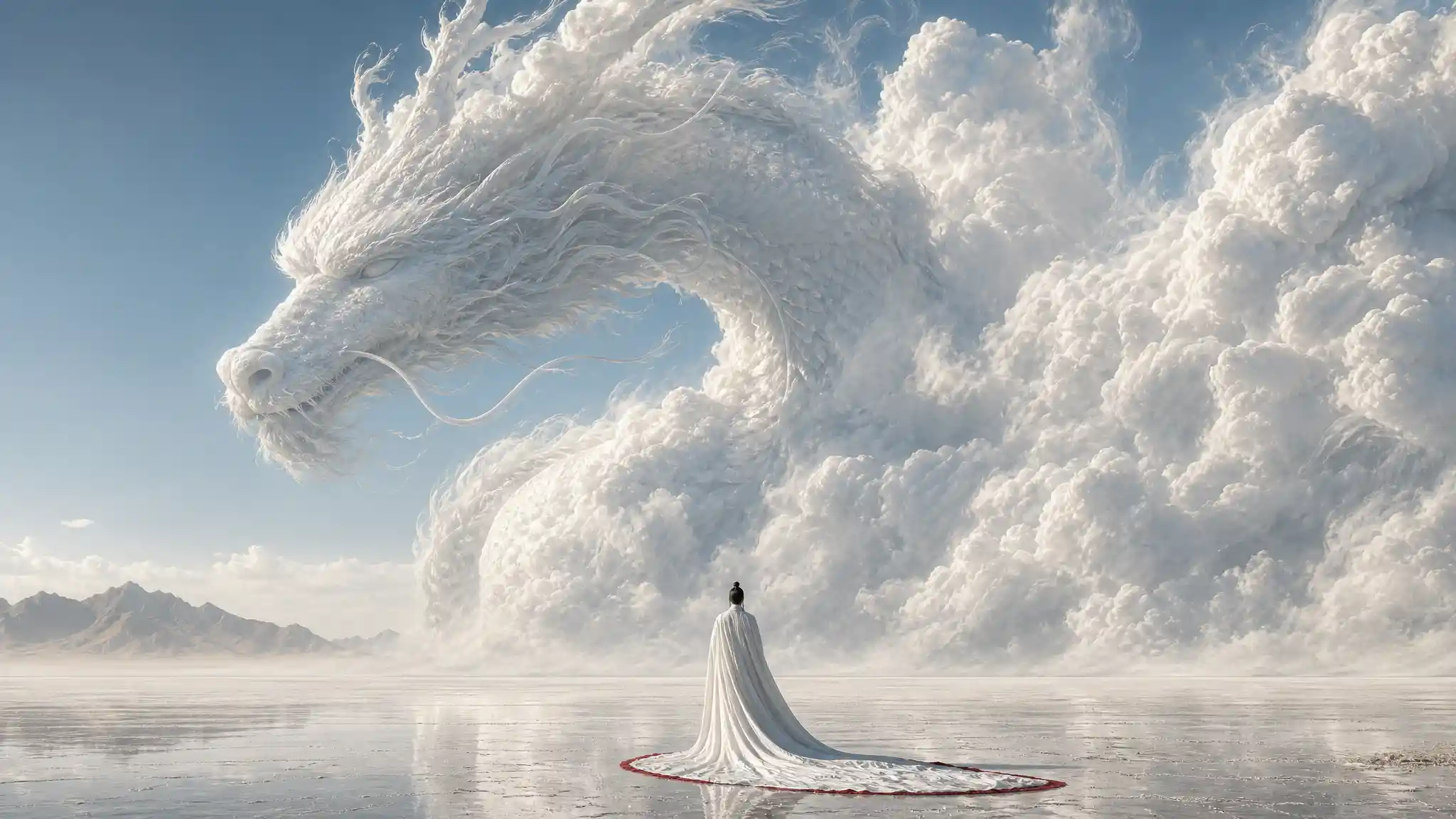 Lone figure facing colossal cloud dragon above salt desert