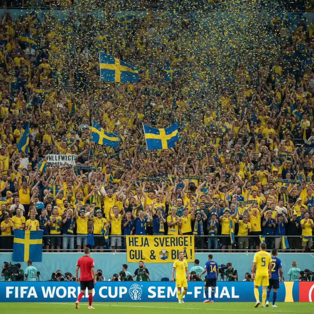 Swedish football fans celebrating together in a crowded stadium