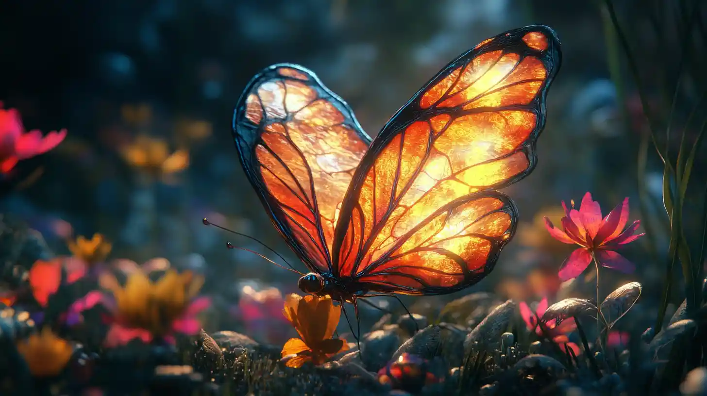 Surreal butterflies emerging from stained glass forest paths