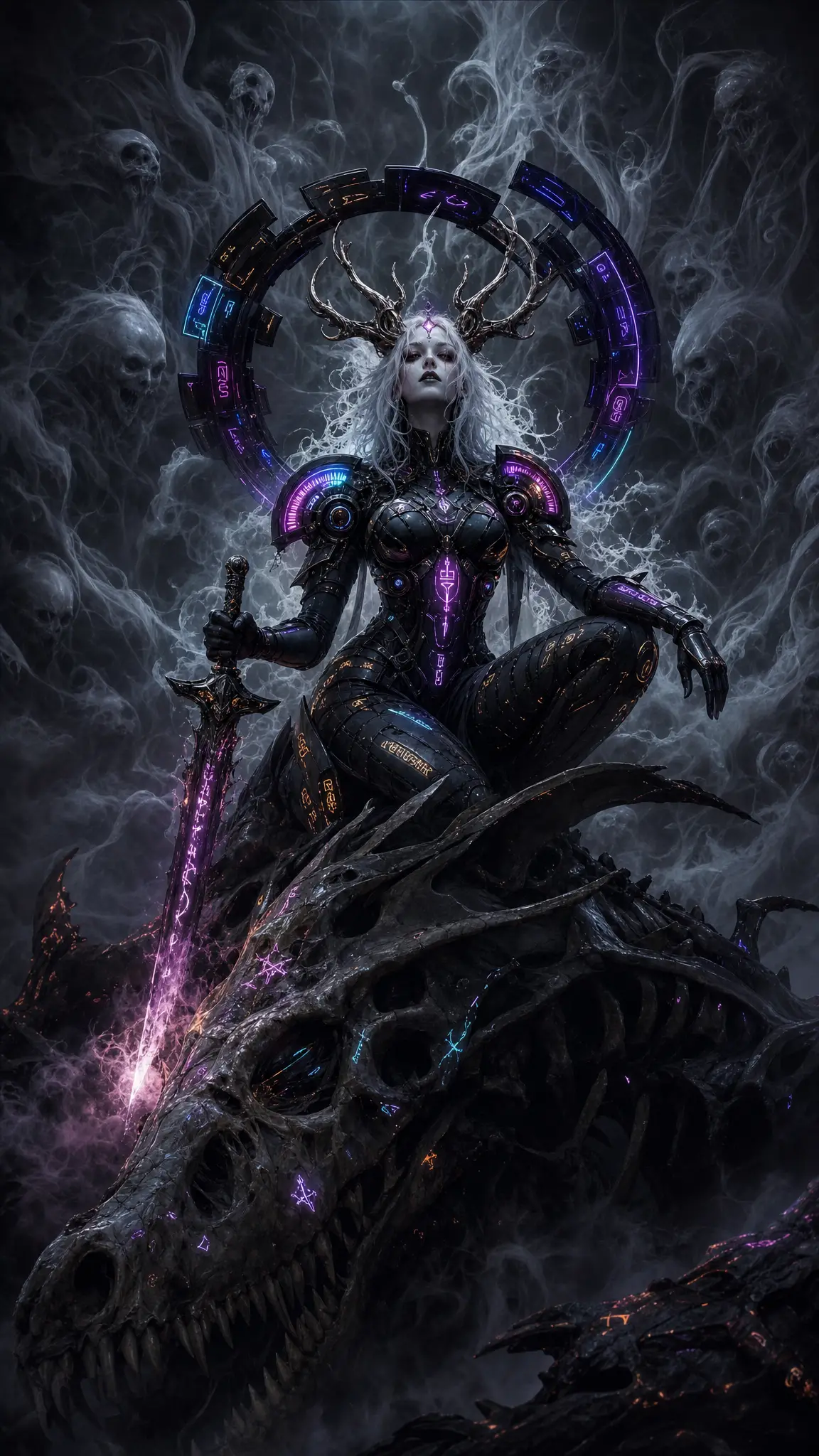 Antlered cyberpunk heroine on skeletal dragon in swirling mist