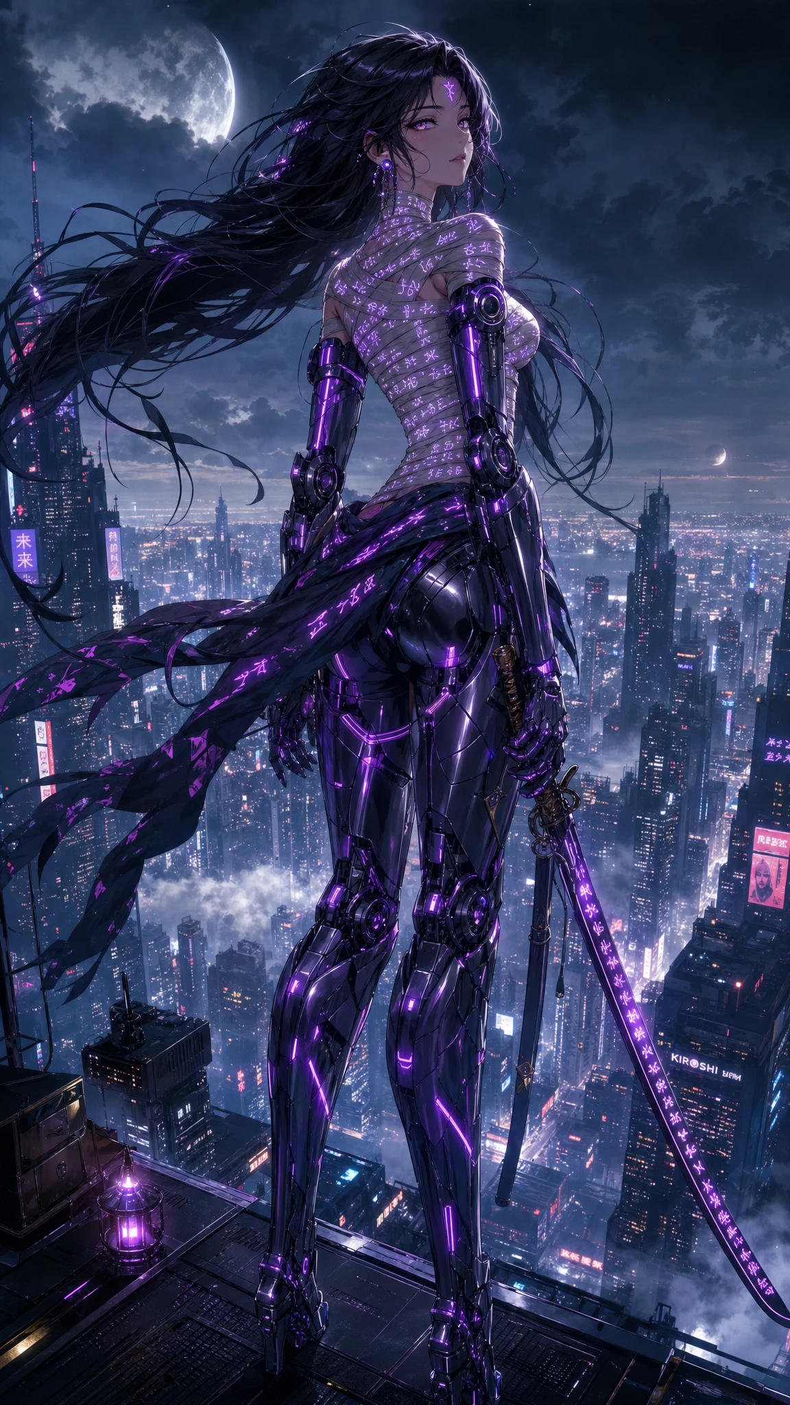 Anime girl in cyber armor above misty night city