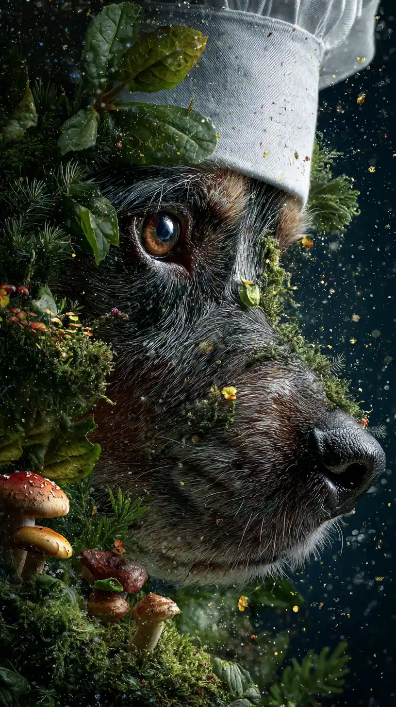 Dog watching from a mossy hollow in an ancient forest