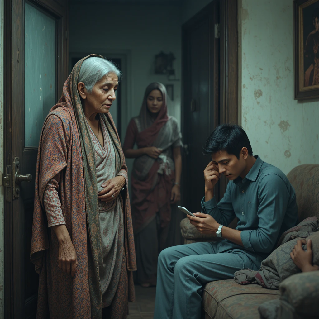 Sick Elderly Woman Asking Her Son For Help Indoors