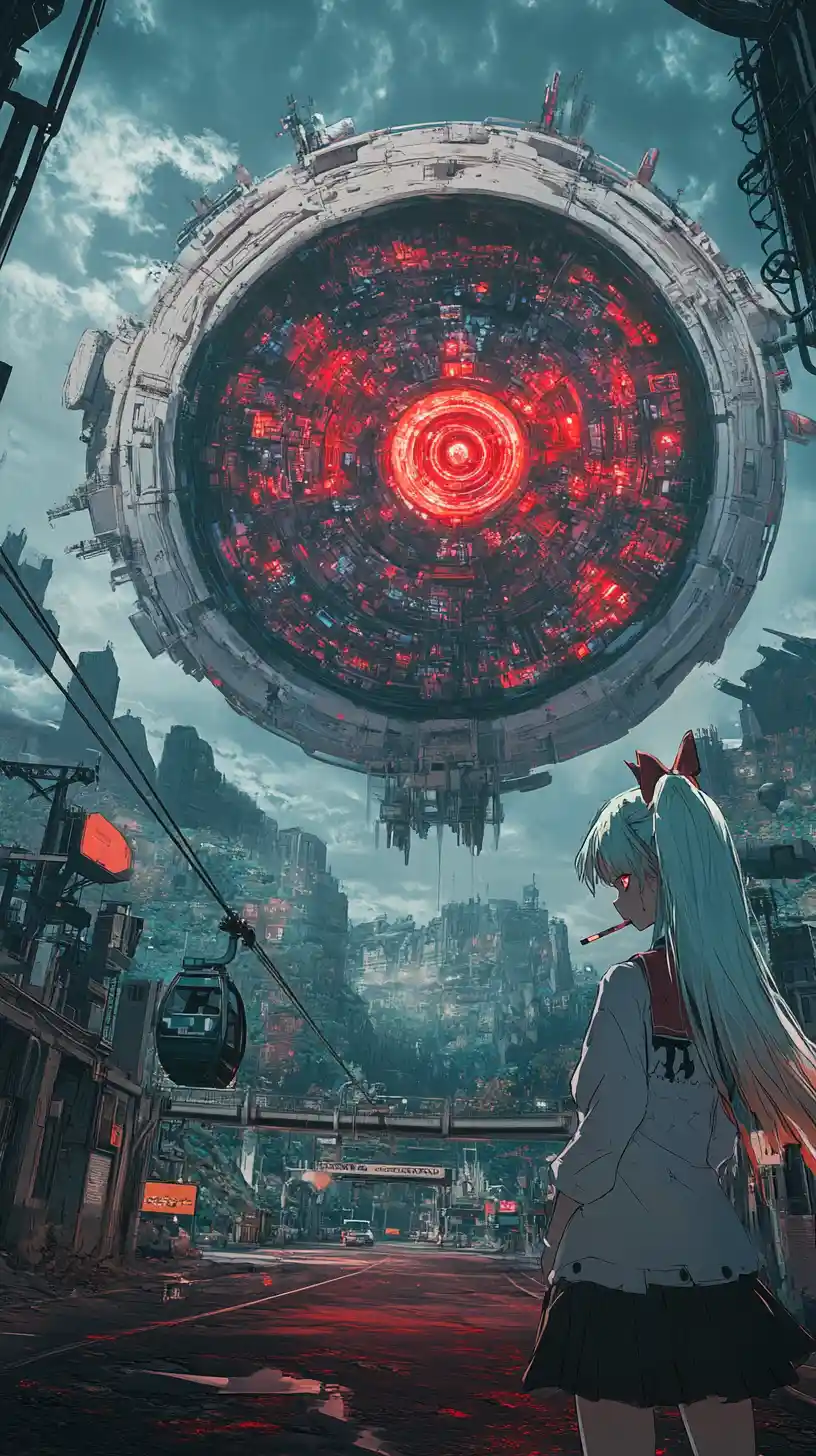 Anime girl smoking before a glowing sci fi crystal mine