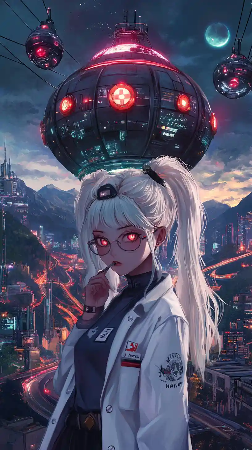 Anime girl smoking before a glowing futuristic mine entrance