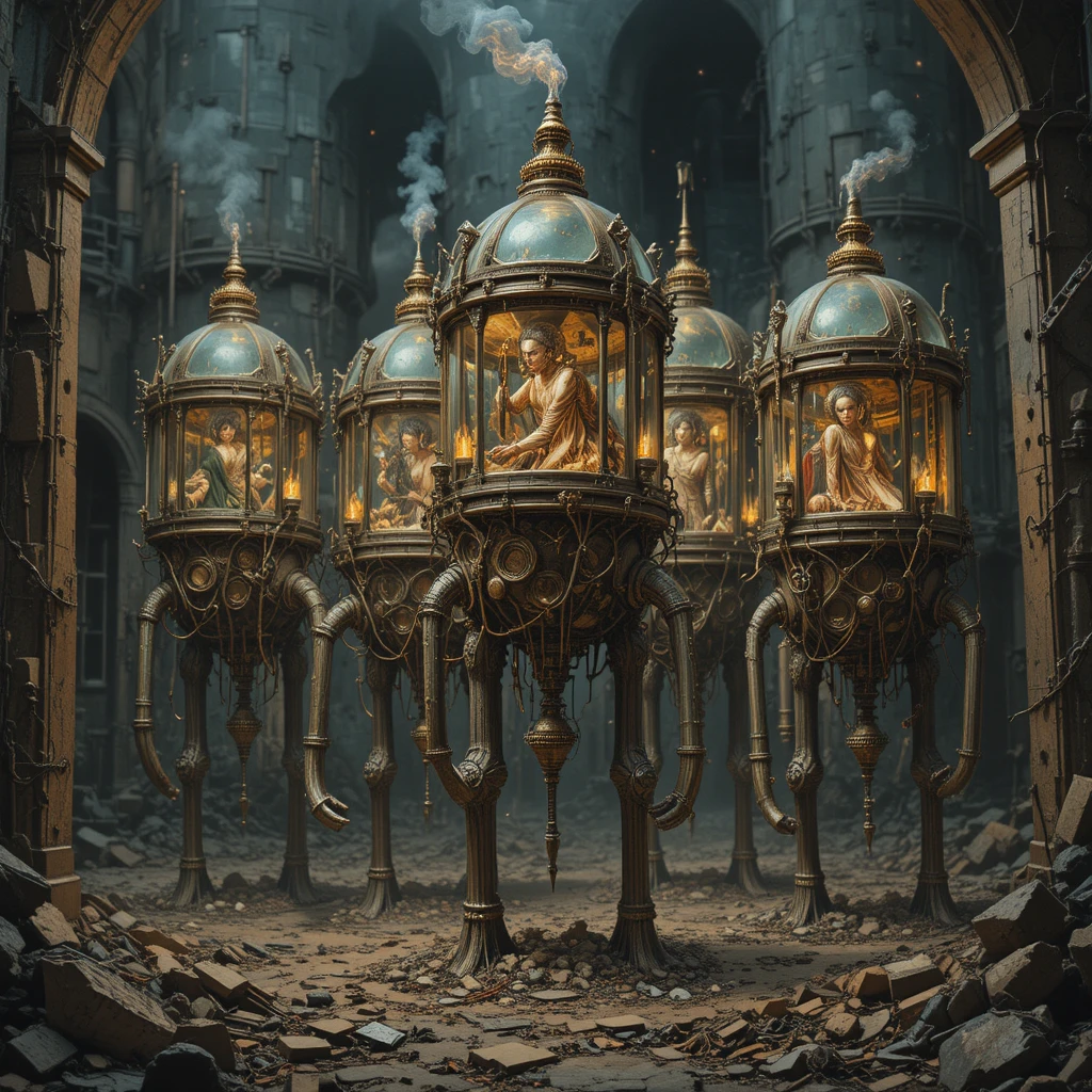 Surreal glass headed creatures in a vivid mechanical dreamscape