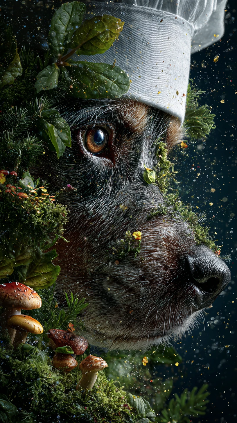Dog watching from a mossy hollow in an ancient forest