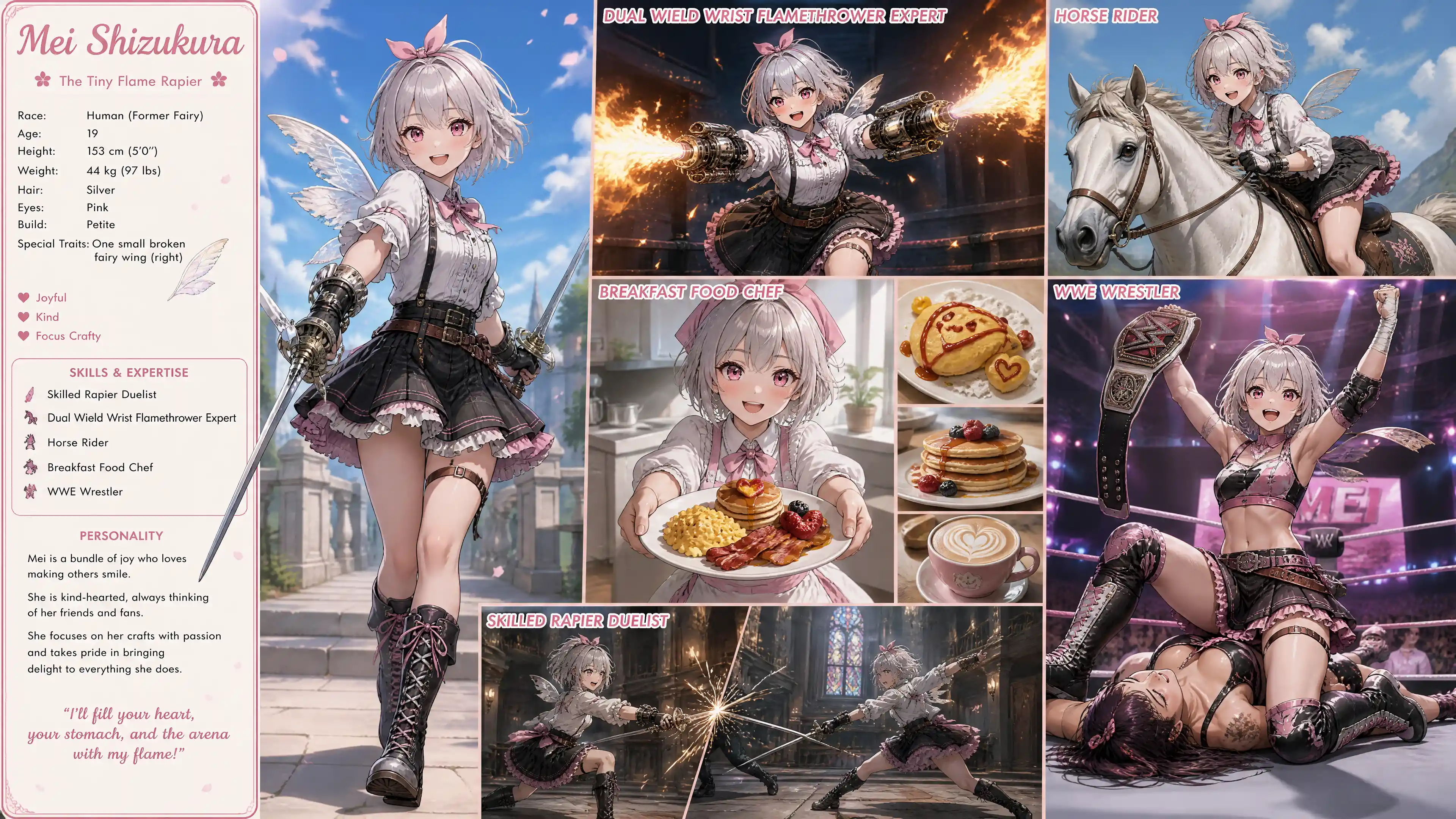 Joyful silver haired anime girl with a small broken fairy wing