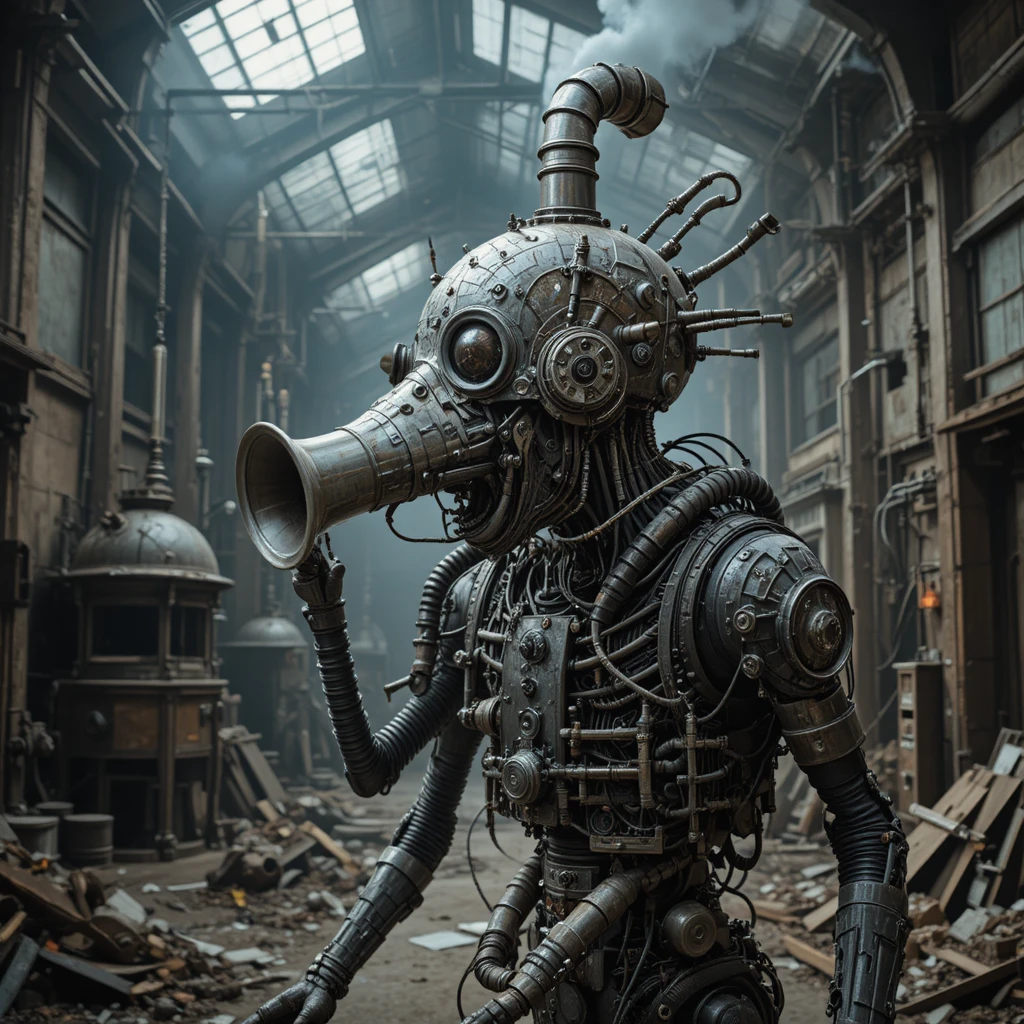 Surreal glass crow headed machine creature in factory interior