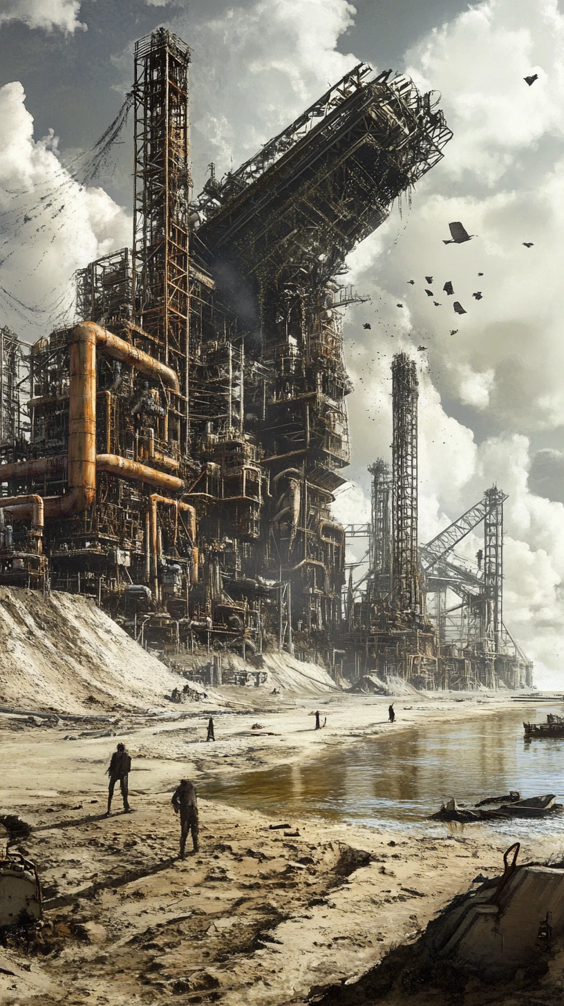 Abstract steel machine rising from sand and concrete landscape