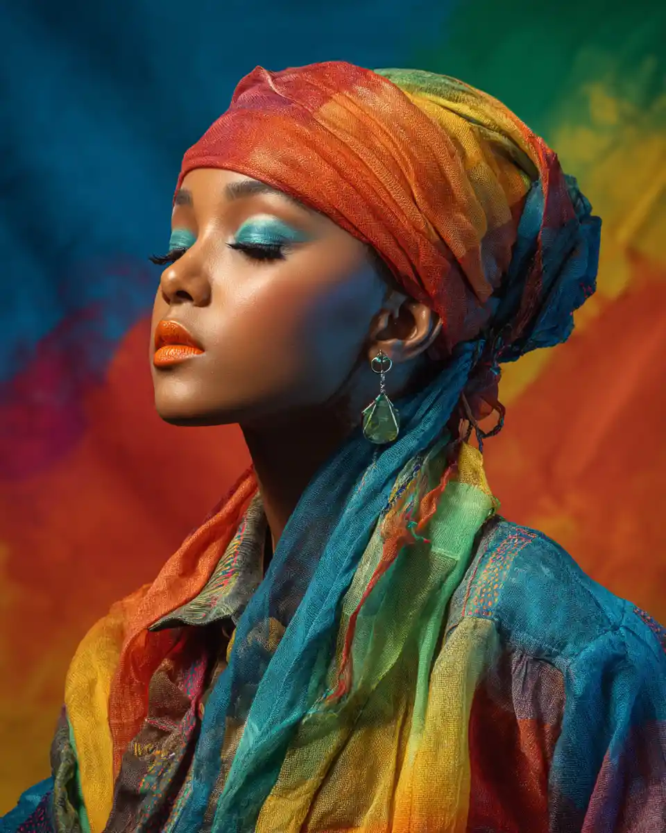 Woman in flowing gradient headscarf with colorful aura