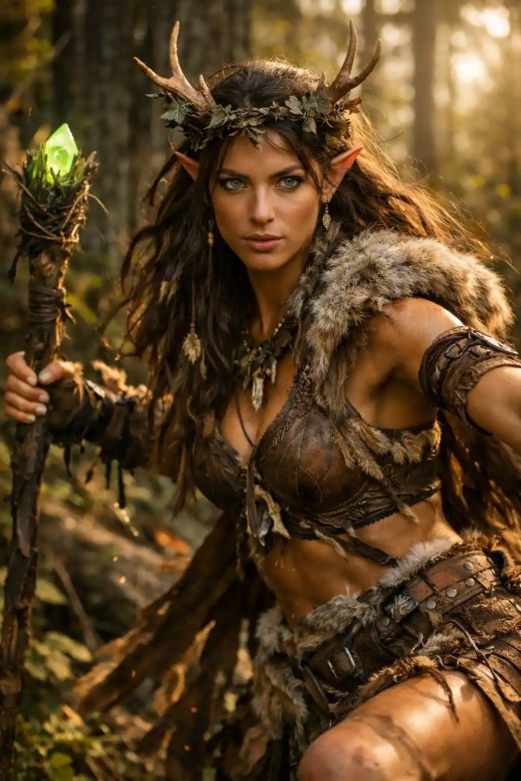 Wild elven druid woman in leather and fur garments