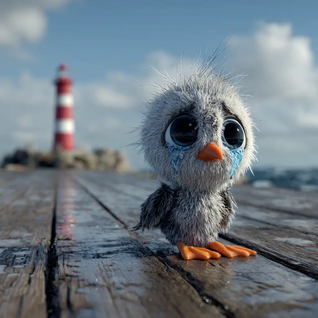 Sad baby seagull on a rainy wooden pier at sea