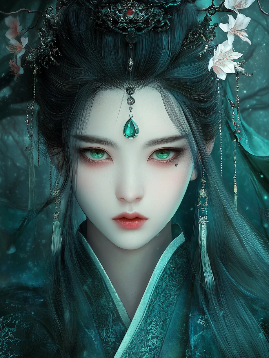 Mystical sorceress in flowing robes before an ancient temple