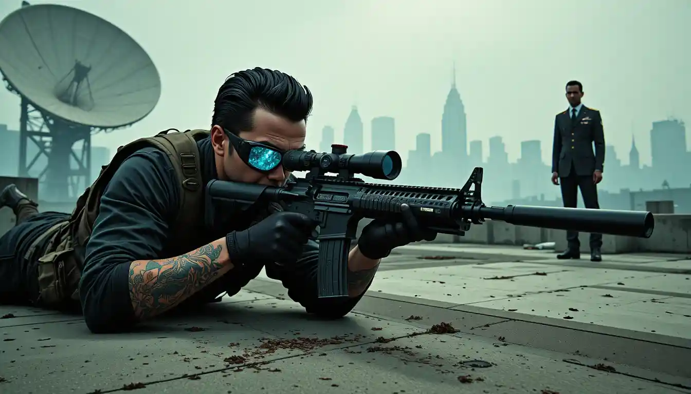 Sniper operative aiming from a hazy urban rooftop