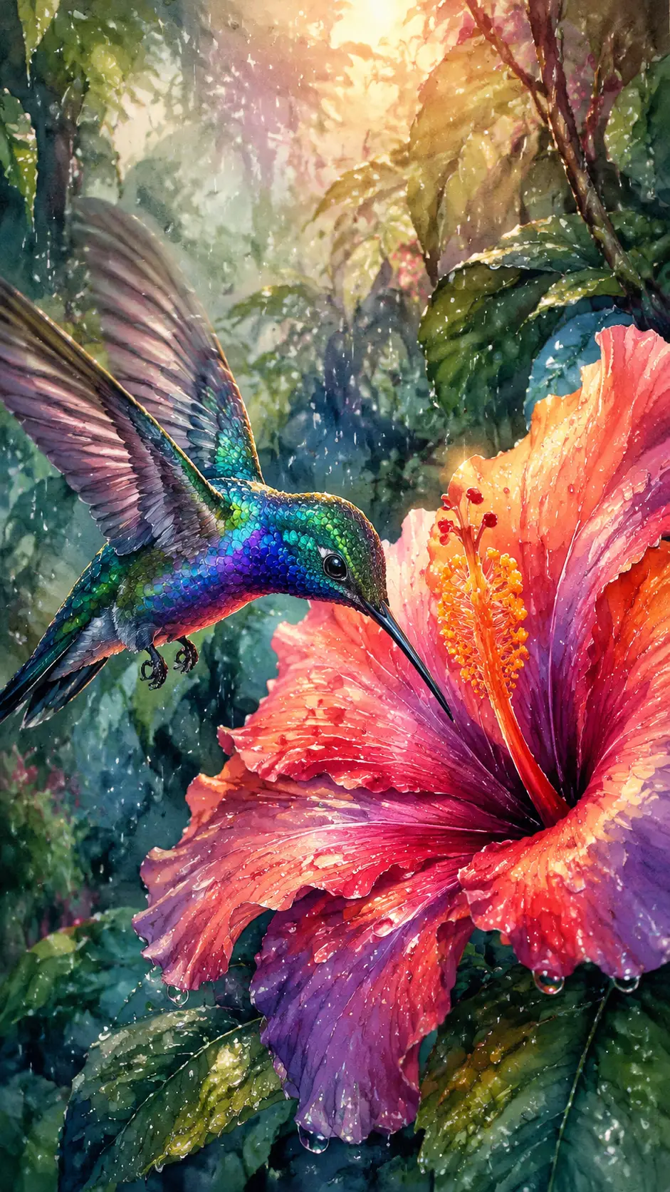 Colibrì variopinto che sorseggia nettare di ibisco nella pioggia della foresta pluviale