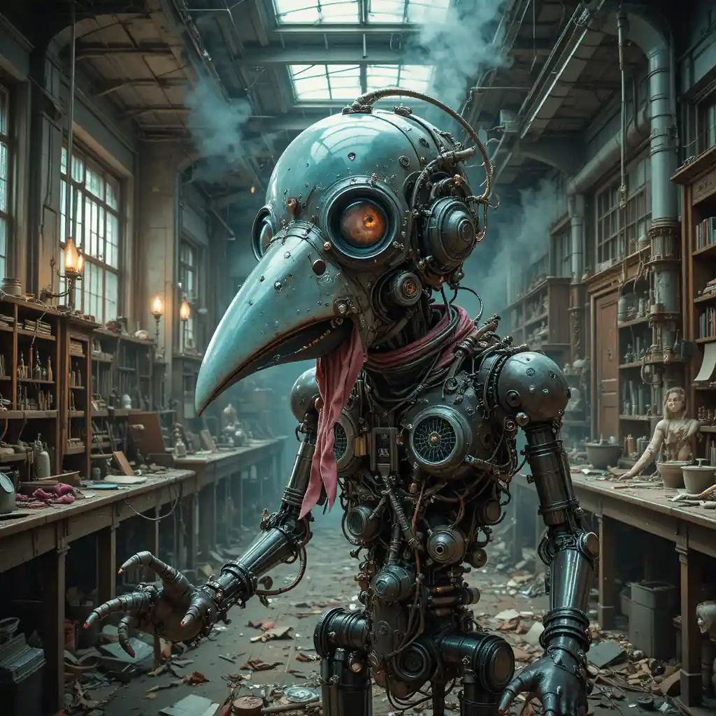 Surreal glass crow machine screaming in abandoned factory