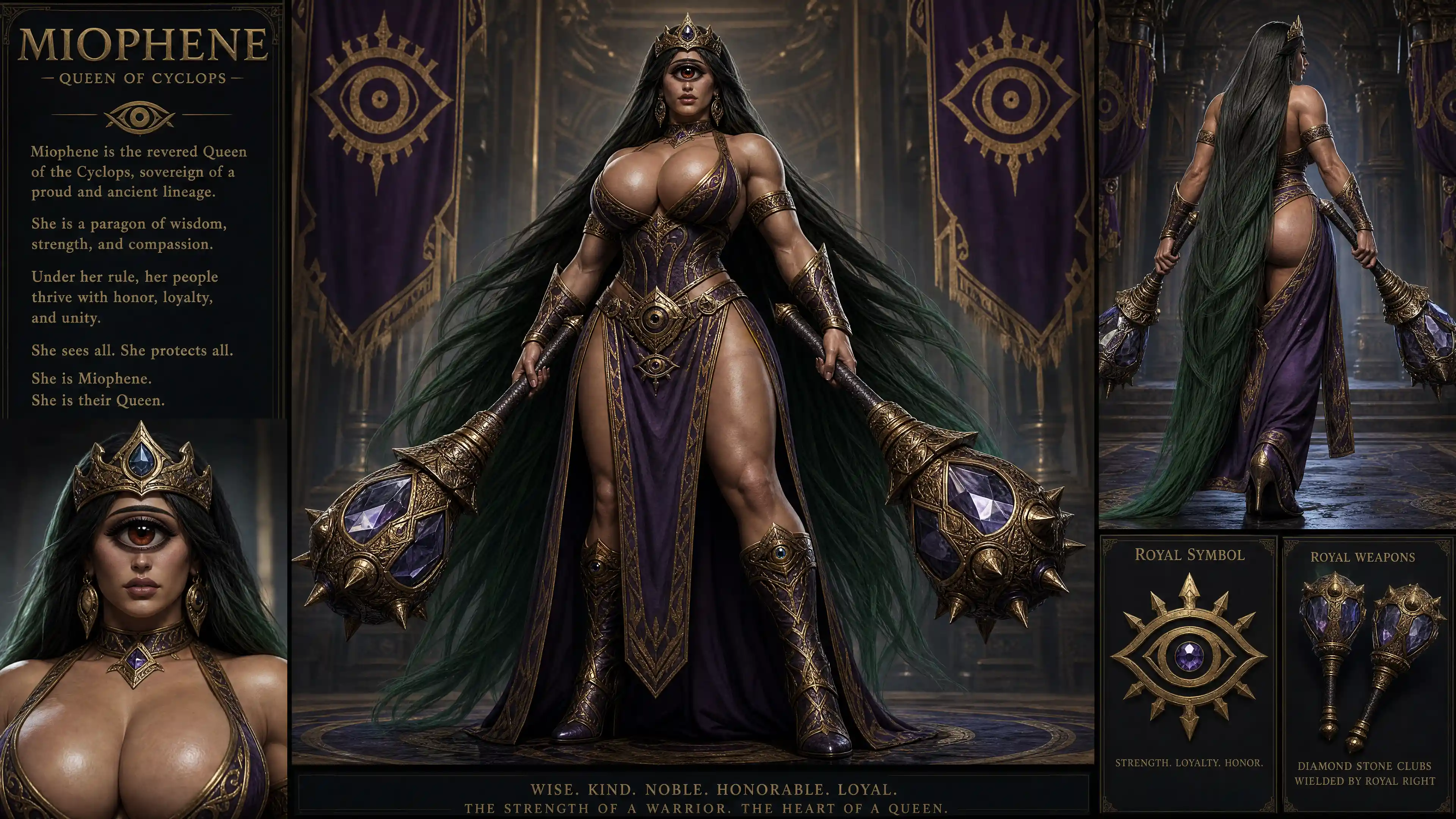 Regal one eyed cyclopean queen with emerald hair